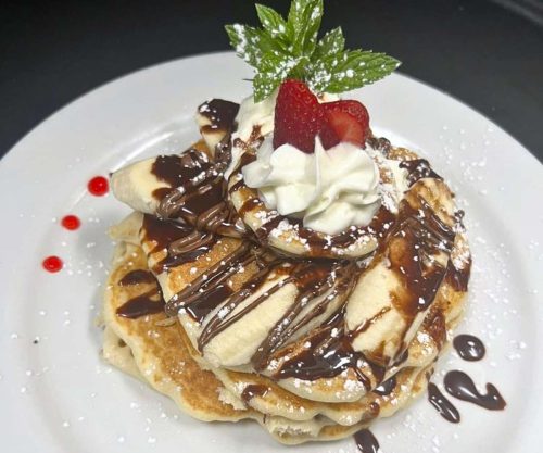 Triple Chocolate Pancakes at Brasas Pancake House in Cicero, IL