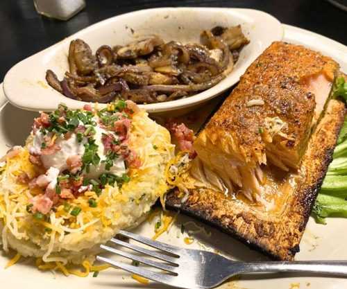 Cedar Plank Salmon at The Old Plantation Restaurant in Medicine Park, Oklahoma