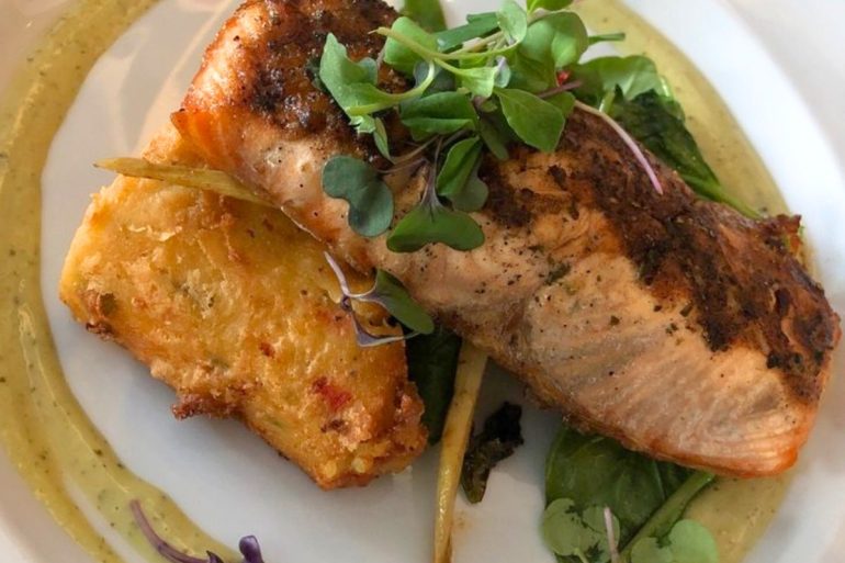 Pineapple-Soy Glazed Verlasso Salmon at Sarita a Restaurant in Lakewood, Ohio