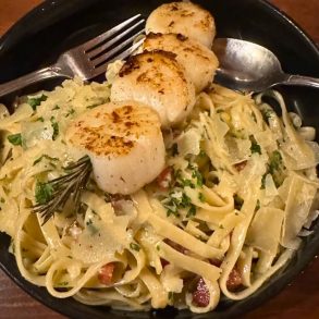 Scallops Carbonara at Fish Bones Grill in Lewiston, Maine