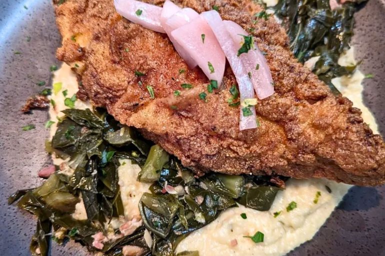 Alabama Catfish with Gouda Grits at River in Tuscaloosa, Alabama