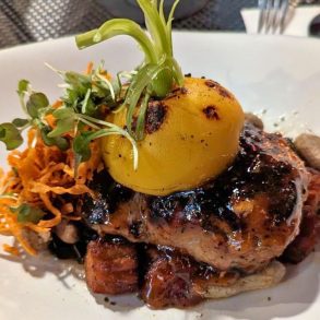 Peach Glazed Pork Flat Iron at Square Root in Brevard, North Carolina