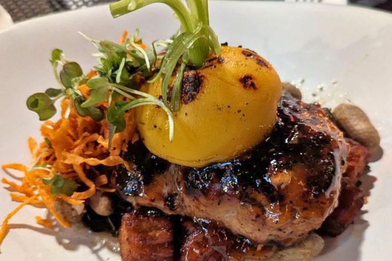 Peach Glazed Pork Flat Iron at Square Root in Brevard, North Carolina