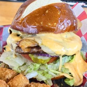 Oktoberfest Dad Bod Brat Burger at Roots Burger Bar in Muncie, IN