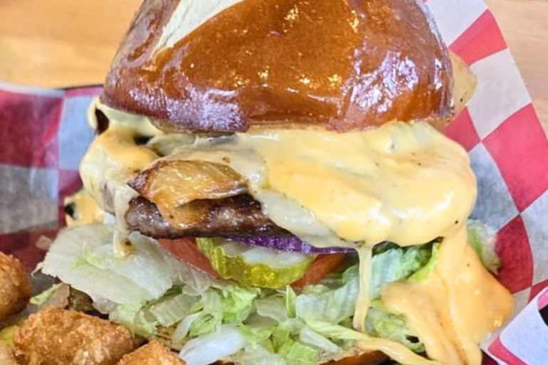 Oktoberfest Dad Bod Brat Burger at Roots Burger Bar in Muncie, IN