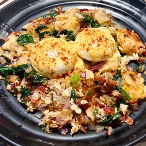Crab Hash with Poached Eggs at The Breakfast Shoppe in Severna Park, Maryland