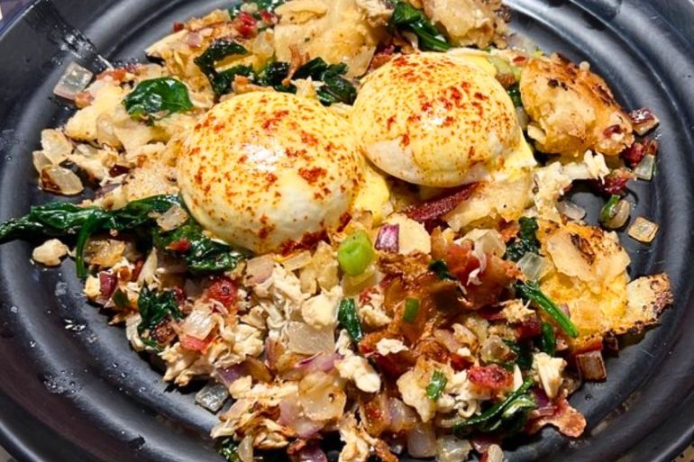 Crab Hash with Poached Eggs at The Breakfast Shoppe in Severna Park, Maryland