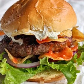 Buffalo Blue Burger at Riley's Hot Dog & Burger Gourmet in New Britain, CT