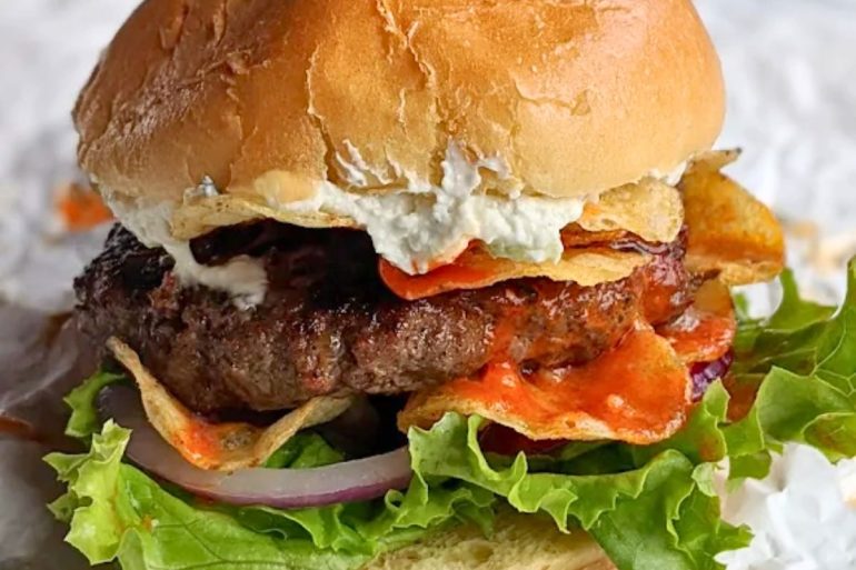 Buffalo Blue Burger at Riley's Hot Dog & Burger Gourmet in New Britain, CT