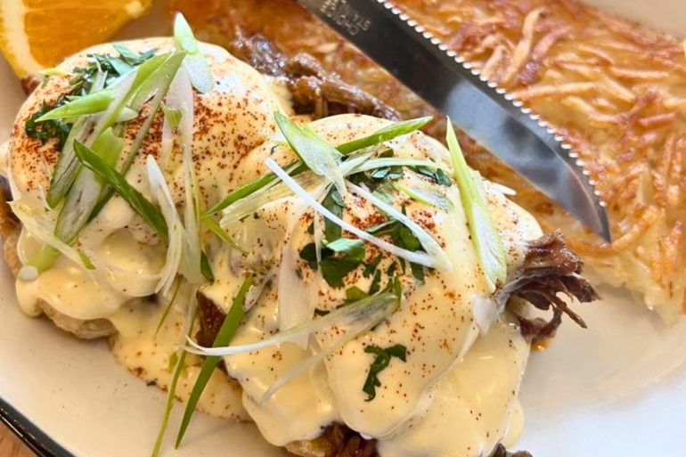 Eggs Benedict with Pulled Pork & Fried Green Tomatoes at Hot Suppa in Portland, Maine