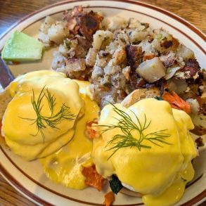 Cape Cod Benedict at Echo Lake Cafe in Bigfork, Montana