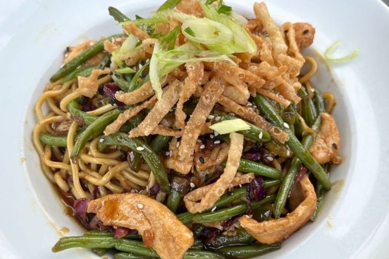 Honey Garlic Noodle Bowl at Whiskey Road Tavern & Grill in Cedar Falls, Iowa