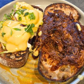 Pulled Pork Benedict at Five5eeds in Park City, Utah