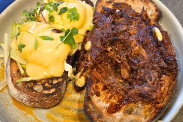 Pulled Pork Benedict at Five5eeds in Park City, Utah