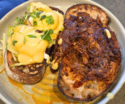 Pulled Pork Benedict at Five5eeds in Park City, Utah