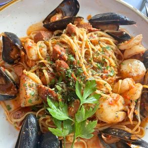 Portuguese Seafood and Linguine at Franny’s Bistro in Camden, Maine