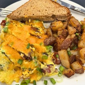 Spicy Bacon Cheeseburger Omelette at The Peachtree Cafe in Lawrenceville, Georgia