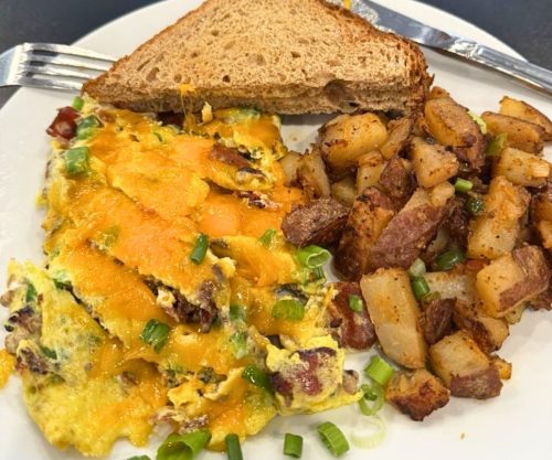 Spicy Bacon Cheeseburger Omelette at The Peachtree Cafe in Lawrenceville, Georgia