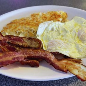 bacon eggs and sausage at Nick's 50's Diner in west palm beach, Florida