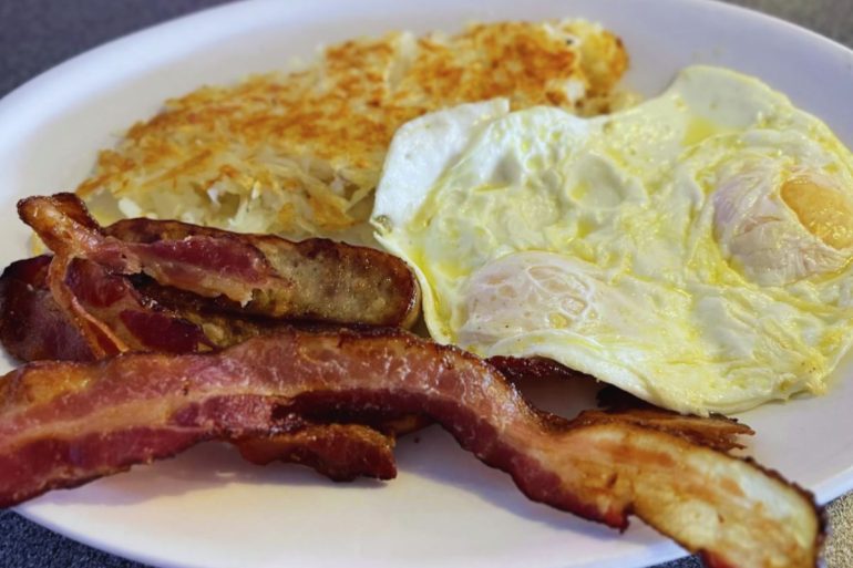 bacon eggs and sausage at Nick's 50's Diner in west palm beach, Florida