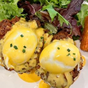 Fried Chicken Eggs Benedict at The Beehive Cafe in Bristol, RI