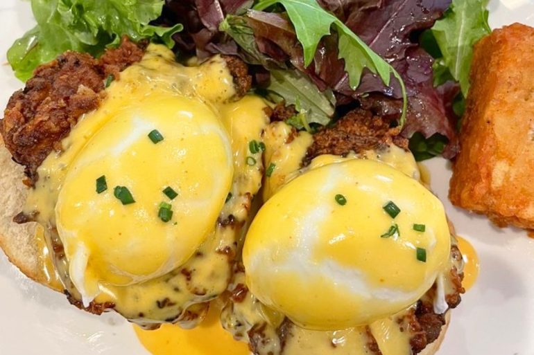 Fried Chicken Eggs Benedict at The Beehive Cafe in Bristol, RI