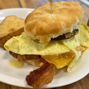 Fried Green Tomato, Egg, Cheddar Bacon Biscuit at SunnySide Cafe in Clemson, SC
