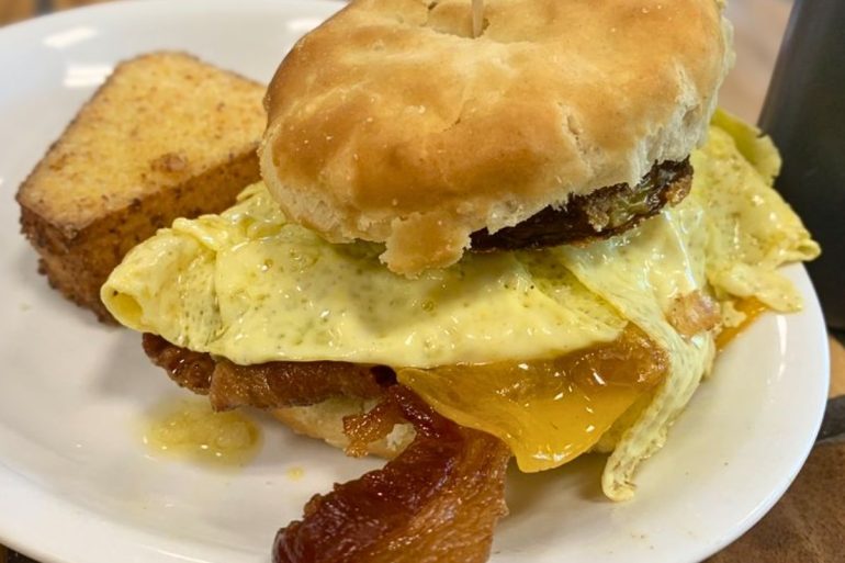 Fried Green Tomato, Egg, Cheddar Bacon Biscuit at SunnySide Cafe in Clemson, SC