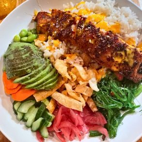Hot Honey Salmon Bowl at The Quarry Restaurant in Mason City, Iowa