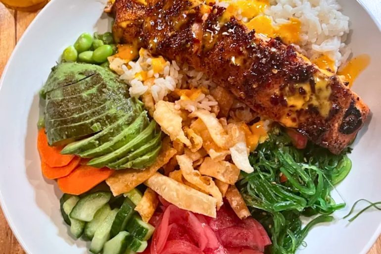 Hot Honey Salmon Bowl at The Quarry Restaurant in Mason City, Iowa