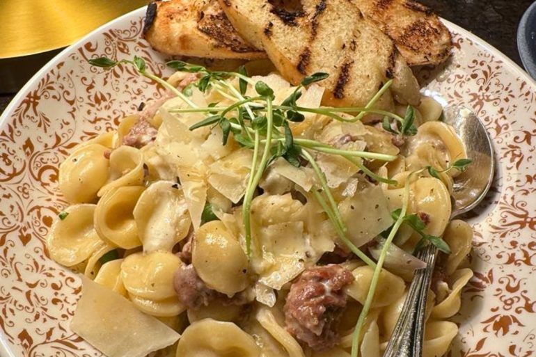 Sweet Pea and Sausage Orecchiette at Fire + Wine in Park Ridge, Illinois